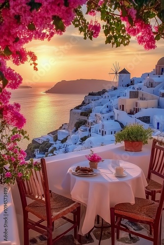 Sunset view from a terrace with bougainvillea in Santorini, Greece, highlight...