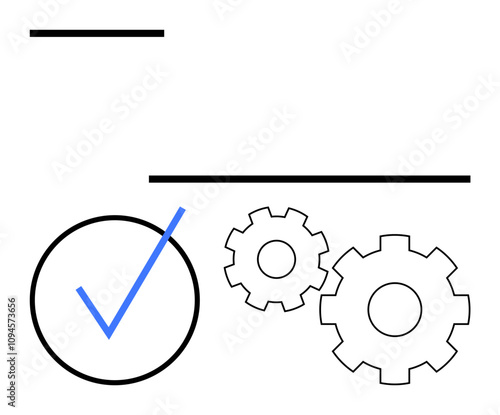Blue checkmark inside a circle, two interlocking gears, and black lines. Ideal for process improvement, quality assurance, industrial engineering, manufacturing, productivity, workflow optimization