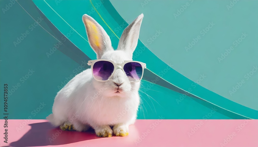 Abstract Clip-Art of a White Rabbit Wearing Trendy Sunglasses with a Vibrant and Contemporary Colorful Background, Perfect for Modern Designs, Creative Themes, or Digital Art Projects. Abstract Clip-Art of a White Rabbit Wearing Trendy Sunglasses with a Vibrant and Contemporary Colorful Background, Perfect for Modern Designs, Creative Themes, or Digital Art Projects.