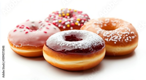 Delicious assorted donuts with colorful toppings arranged on a white background