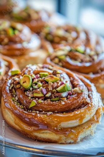 Freshly baked cinnamon rolls topped with nuts and caramel in a bakery setting