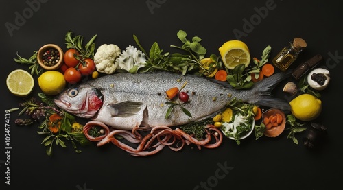 Fresh fish and colorful vegetables arranged beautifully for a culinary presen...