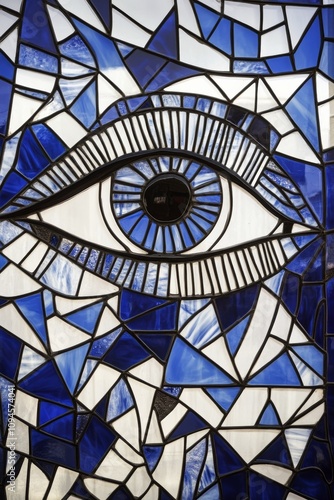 Stunning blue stained glass window featuring an eye design in intricate geome...