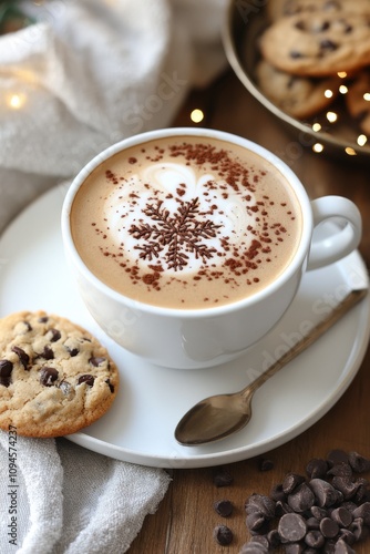 Warm coffee with artistic foam pattern and chocolate chip cookies on a cozy t...