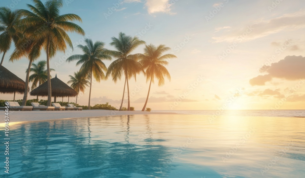 Serene sunset view over a tranquil pool with palm trees by the beach Serene sunset view over a tranquil pool with palm trees by the beach