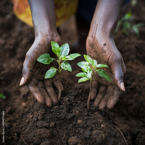 Two hands planting young seedlings in dark soil during a sunny day in a commu...