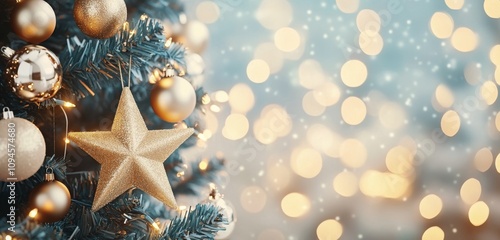 Christmas tree decorated with ornaments and warm lights in a festive atmosphere