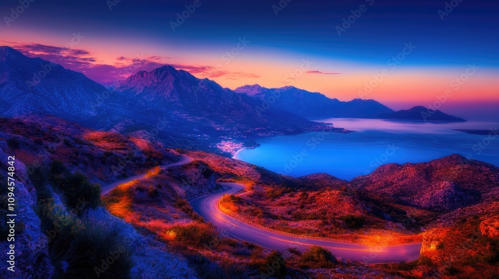 Winding road through scenic mountains and serene sea at dawn, illuminated by vibrant early morning colors and clear skies. Winding road through scenic mountains and serene sea at dawn, illuminated by vibrant early morning colors and clear skies.