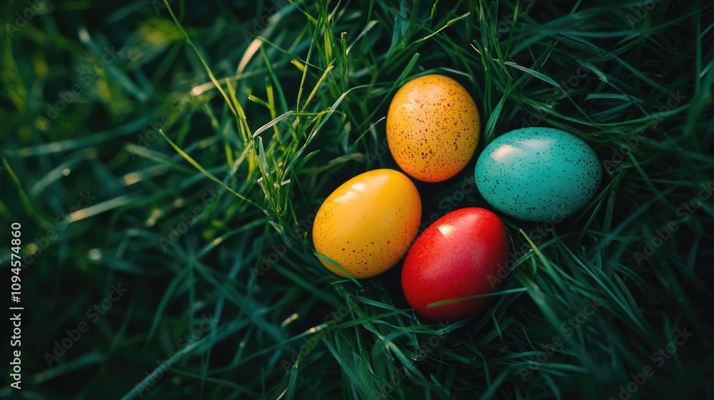 Brightly colored Easter eggs in vibrant grass, showcasing yellow, red, green, and blue hues with empty space for text or design elements. Brightly colored Easter eggs in vibrant grass, showcasing yellow, red, green, and blue hues with empty space for text or design elements.