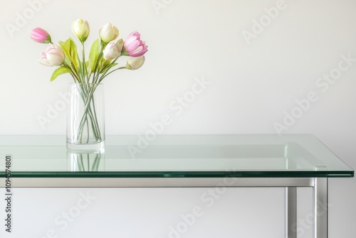 A glass table with a vase of pink and white tulips against a neutral background.
