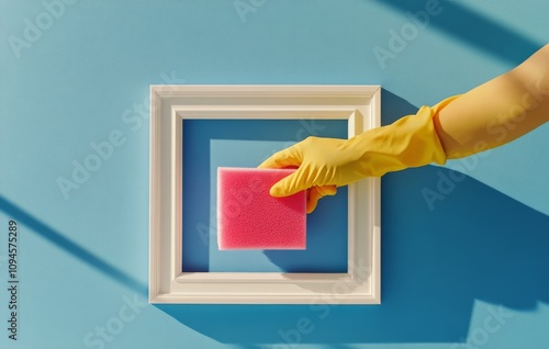 Cleaning a picture frame with a sponge against a bright blue background shows...