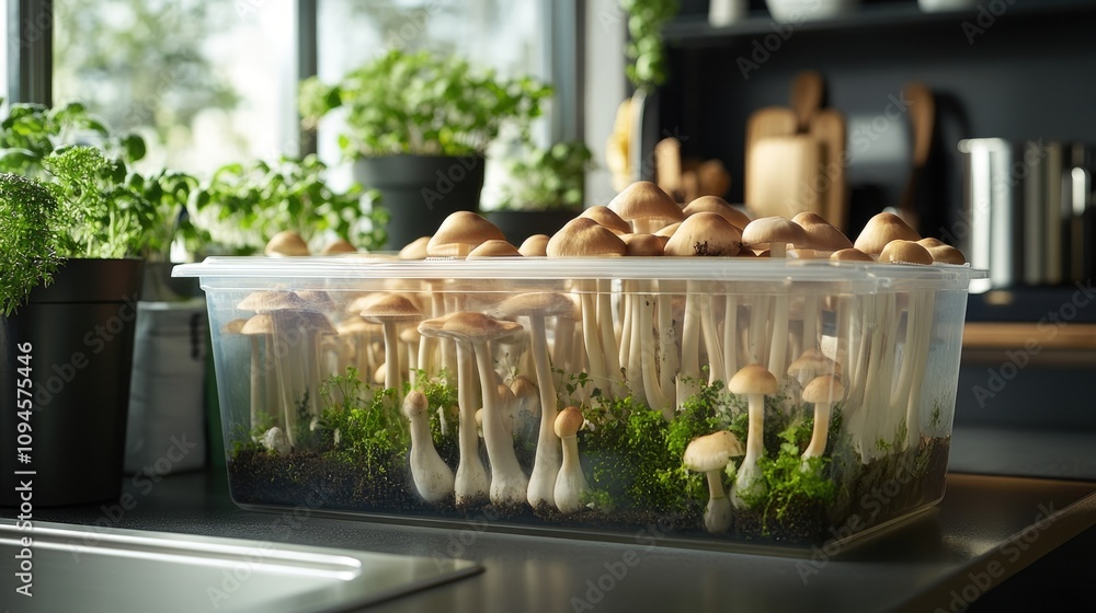 Container brimming with cultivated mushrooms surrounded by lush greenery in a modern kitchen setting with natural light streaming in Container brimming with cultivated mushrooms surrounded by lush greenery in a modern kitchen setting with natural light streaming in