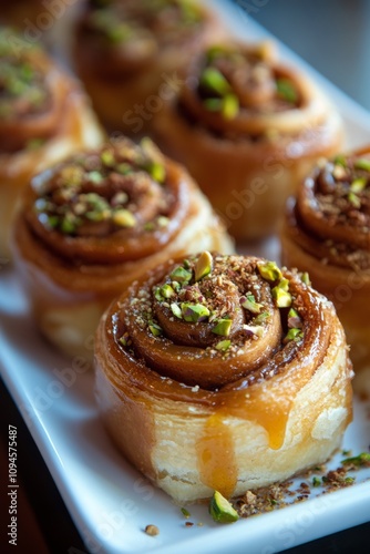 Freshly baked cinnamon rolls topped with nuts and caramel in a bakery setting