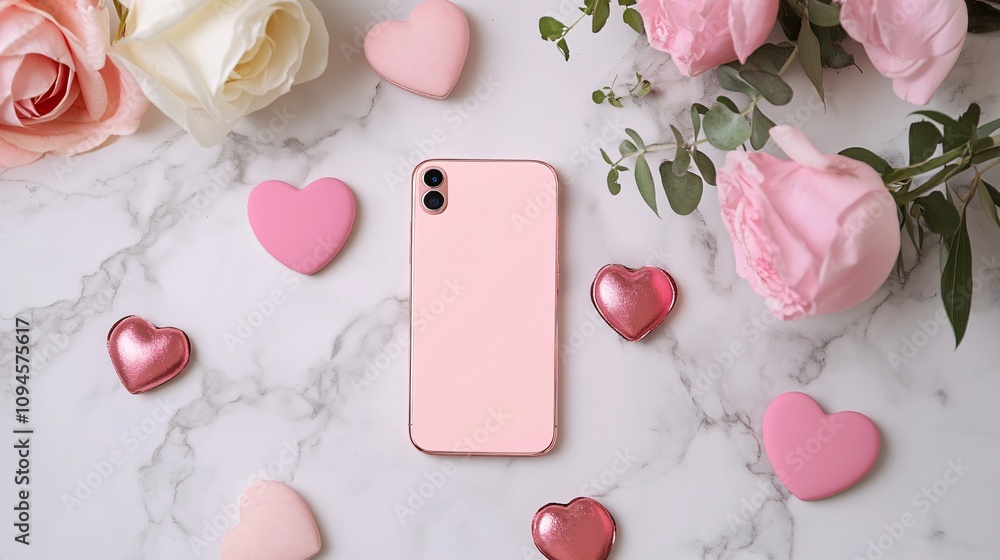 Pink smartphone surrounded by roses and hearts on marble background for valentine's day Pink smartphone surrounded by roses and hearts on marble background for valentine's day