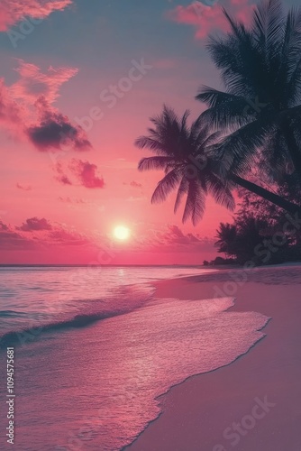 Scenic tropical beach at sunset with palm trees and calm blue waters