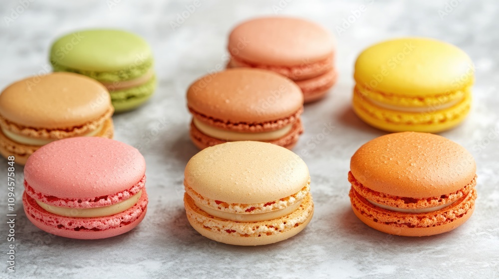 Colorful almond macarons arranged on a light background, showcasing pastel hues and textures, perfect for a festive dessert display. Colorful almond macarons arranged on a light background, showcasing pastel hues and textures, perfect for a festive dessert display.