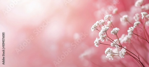 Delicate white flowers against a soft pink background in a serene garden setting