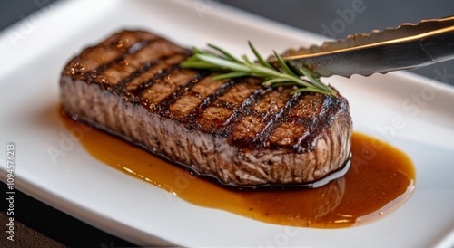 Steak cooked to perfection served with rosemary on a white plate