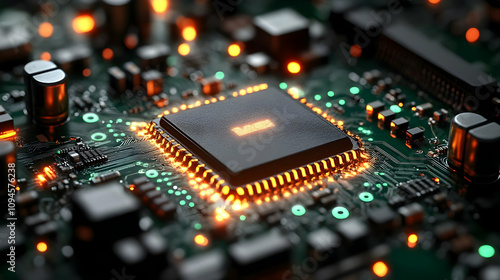 Circuit Board with Glowing Processor 3D Illustration