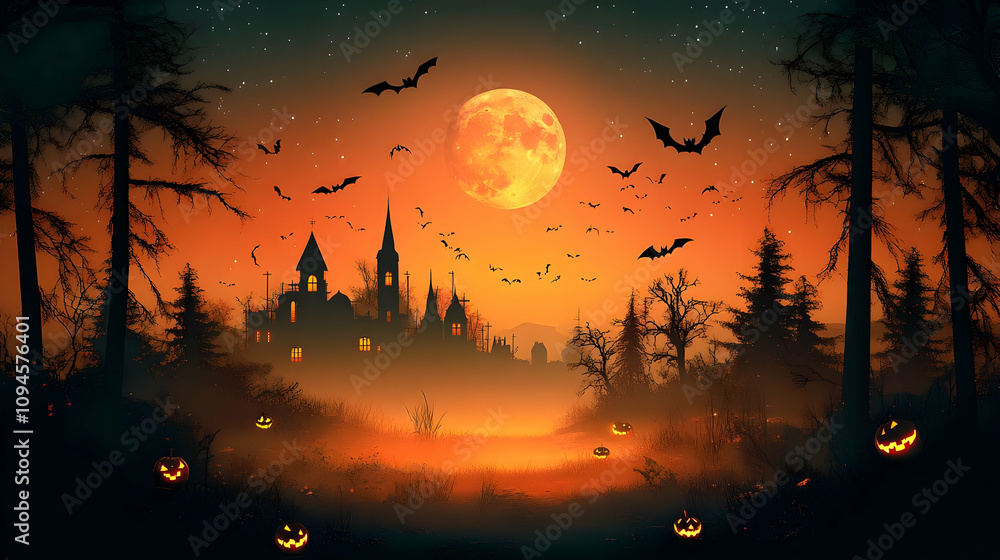 Spooky Halloween Background with Haunted House and Full Moon Spooky Halloween Background with Haunted House and Full Moon