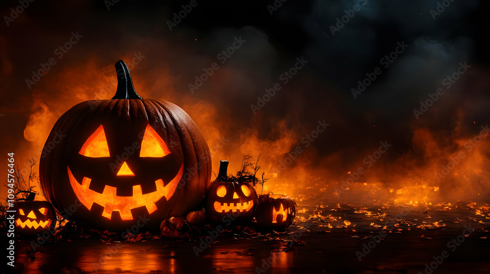 Fototapeta premium Spooky Jack-o'-Lantern Illustration with Glowing Eyes