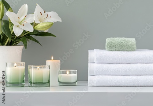 Bright and serene home spa setup with candles and fresh flowers for relaxatio...