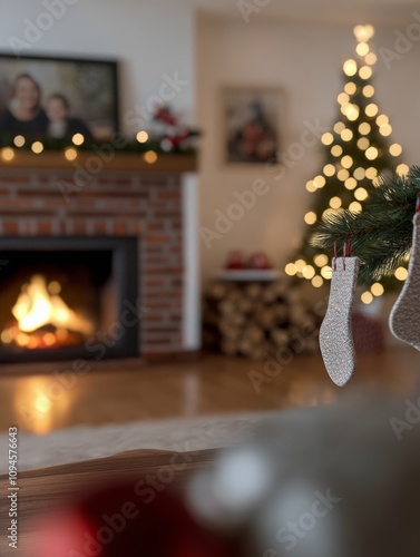 Cozy fireplace with holiday stockings and festive decorations during winter s...