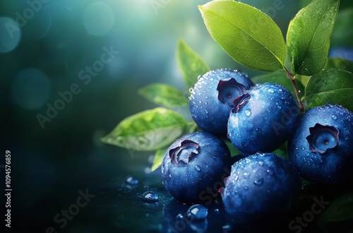 Fresh blueberries with droplets and green leaves on a dark surface