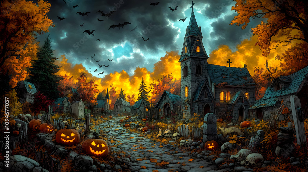 Spooky Halloween Village Illustration Spooky Halloween Village Illustration
