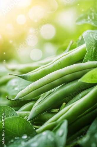 Fresh green beans and leafy greens arranged on a dark stone surface in a kitc...