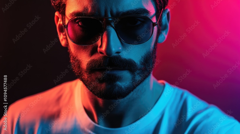 Obraz premium Close-up portrait of a serious male model with a mustache and beard, wearing sunglasses and a white t-shirt, against a dark backdrop illuminated by vibrant neon lights.