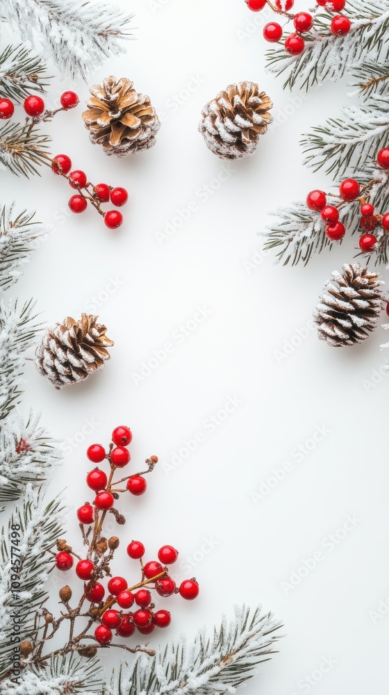 Snowcovered fir branches and berries christmas border flat lay Snowcovered fir branches and berries christmas border flat lay