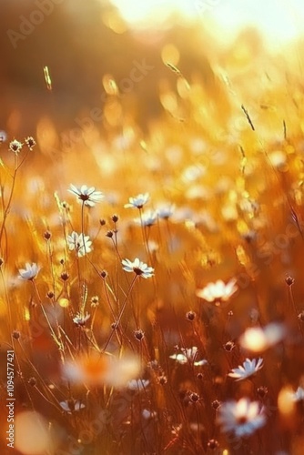 Bright golden flower field during sunset with blooming daisies and warm sunlight