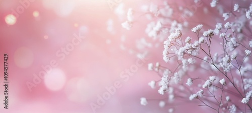 Delicate white flowers against a soft pink background in a serene garden setting
