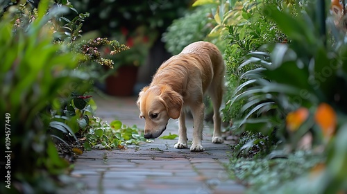 Golden Retriever Sniffing Plants on a Brick Path in a Lush Garden. AI Generated