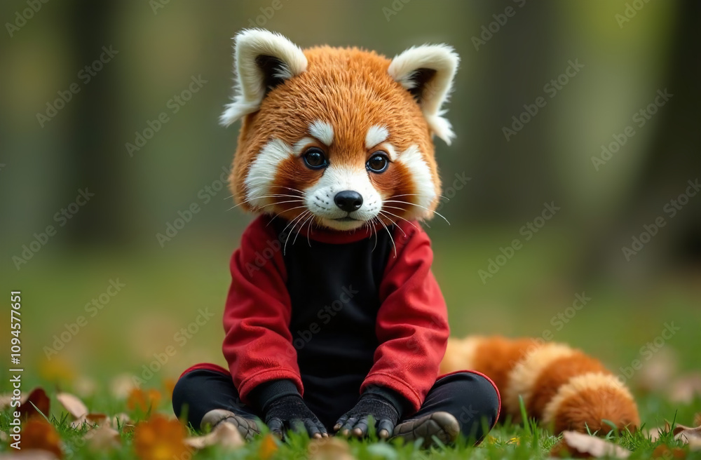 A red fox in a red jacket sits on the grass in a park. Quadrober concept A red fox in a red jacket sits on the grass in a park. Quadrober concept