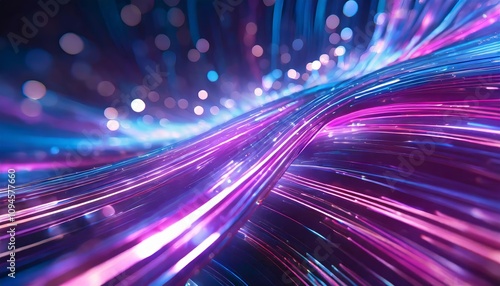 Abstract futuristic background with vibrant pink and blue glowing neon wave lines moving at high speed, creating a dynamic energy flow and immersive light effect ideal for modern designs.