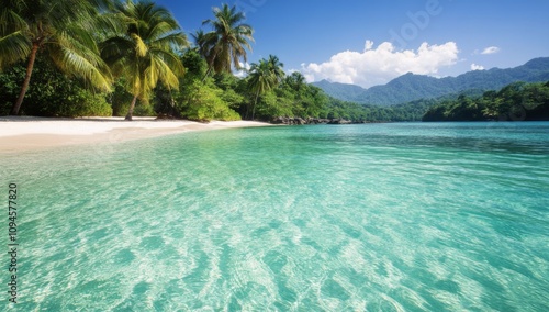 Crystal clear turquoise water on a tropical beach with lush greenery and brig...