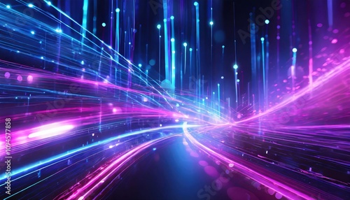 Abstract futuristic background showcasing dynamic high-speed glowing wave lines in vibrant pink and blue neon tones, creating a modern, energetic, and visually immersive motion effect.