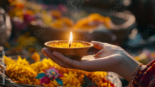 a hand holding a lit oil lamp against a backdrop of harvest baskets and colorful Kirat symbols, honoring Udhauli Parva, with ample copy space for text, captured in soft 