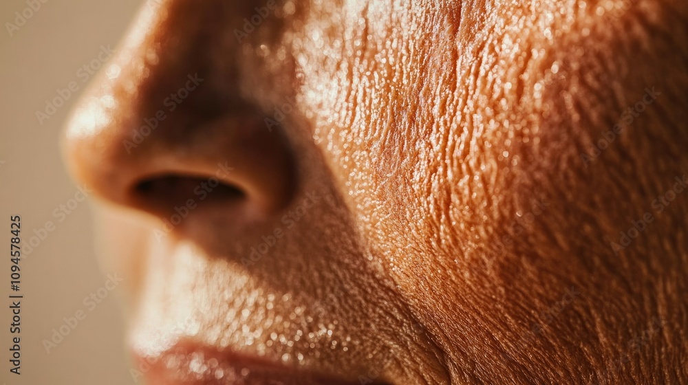 Detailed close-up of human skin showcasing age-related wrinkles and tanning damage with a focus on texture and uneven complexion.
