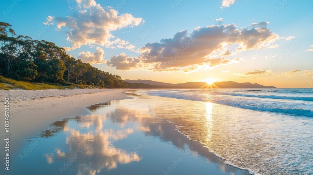 Fototapeta premium Tranquil Sunset Over a Coastal Beach with Rolling Waves and Reflections