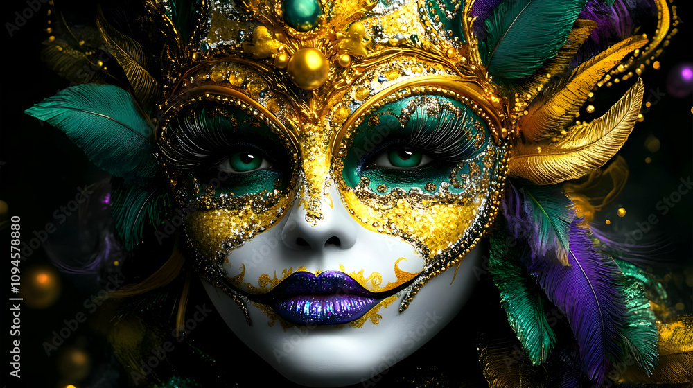 Golden and Green Feathered Mask Illustration Golden and Green Feathered Mask Illustration