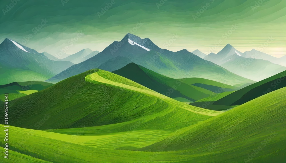 Fototapeta premium Abstract Green Landscape Wallpaper Background Featuring Rolling Hills and Majestic Mountains with Soft Gradient Shades and Artistic Design Ideal for Nature-Themed Decor and Digital Use