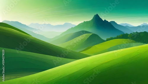 Abstract green landscape wallpaper background illustration featuring serene hills and majestic mountains with a modern design aesthetic and soothing natural tones for digital displays.