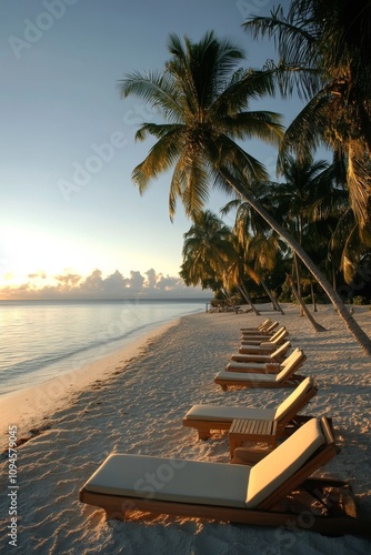 Relaxation on a tropical beach at sunset with lounge chairs and palm trees
