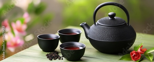 Brewing black tea with teapot and loose leaves on wooden table surrounded by ...
