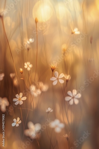 Bright golden flower field during sunset with blooming daisies and warm sunlight