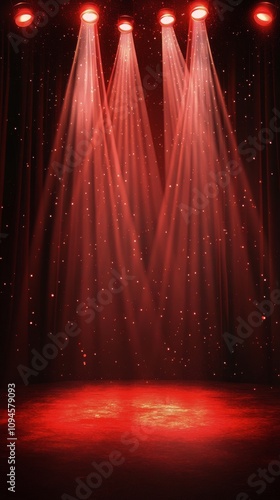Red stage lights illuminate a performance area with glittering effects at a v...