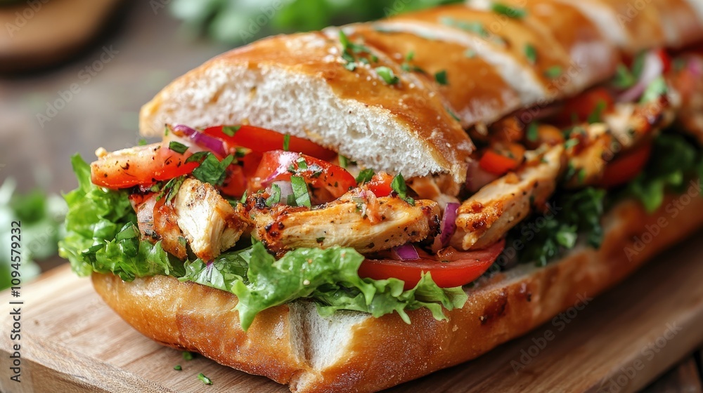 Close-up of a hearty chicken salad sandwich featuring succulent grilled chicken, fresh tomatoes, vibrant lettuce, and a toasted baguette. Close-up of a hearty chicken salad sandwich featuring succulent grilled chicken, fresh tomatoes, vibrant lettuce, and a toasted baguette.
